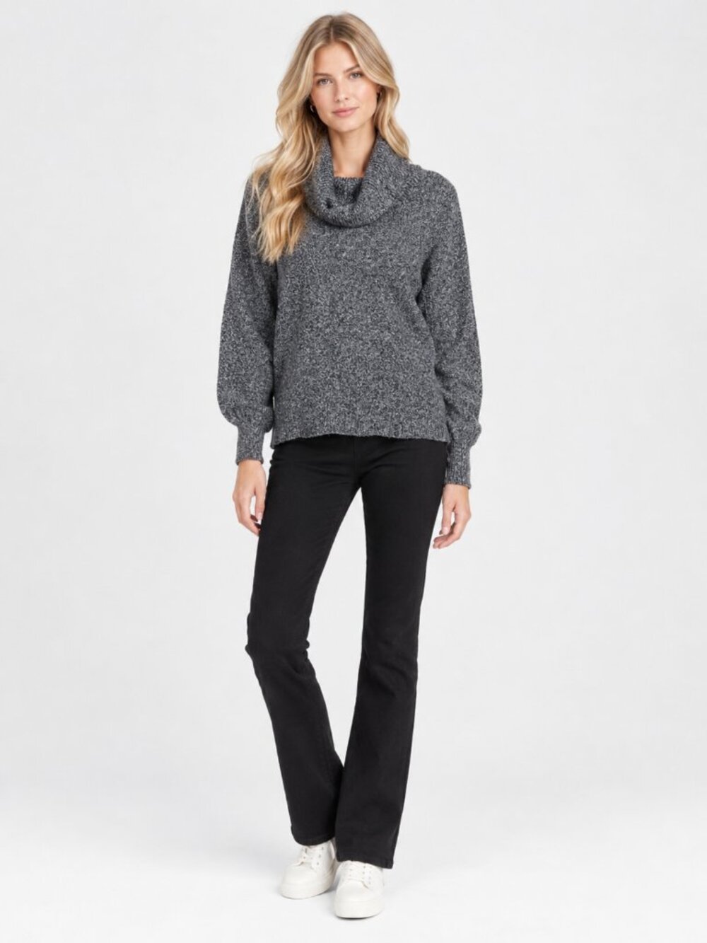 2/$30 TAHARI Draped Cowl Neck Sweater Balloon Sleeve Marled Gray Medium #A5189